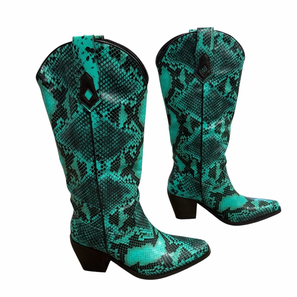 NIB Wetkiss Boots THE SHEILA Green & Black Snakeskin Snip Toe Western Boots - 7 - Picture 8 of 15